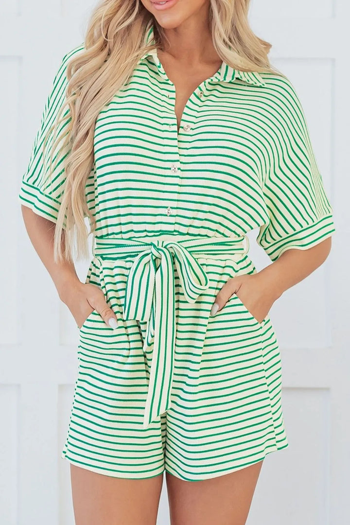 Striped Half Sleeve Tie Waist Romper