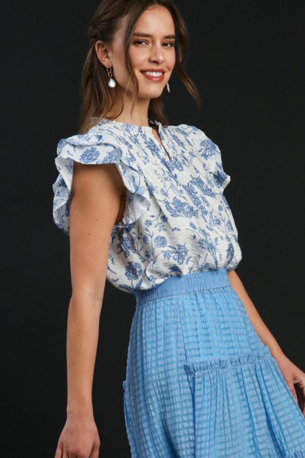 Sky Blue Umgee Full Size Two Tone Boxy Cut Floral Print Plus Size