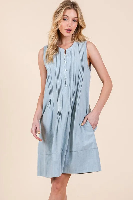Lime N Chili Denim Pintuck Detail Sleeveless Midi Dress