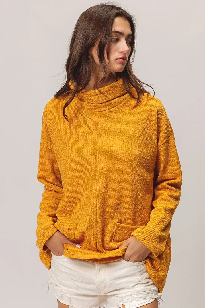 Mustard Bibi Piper Rib Double Pocket Turtle Neck Sweater 1
