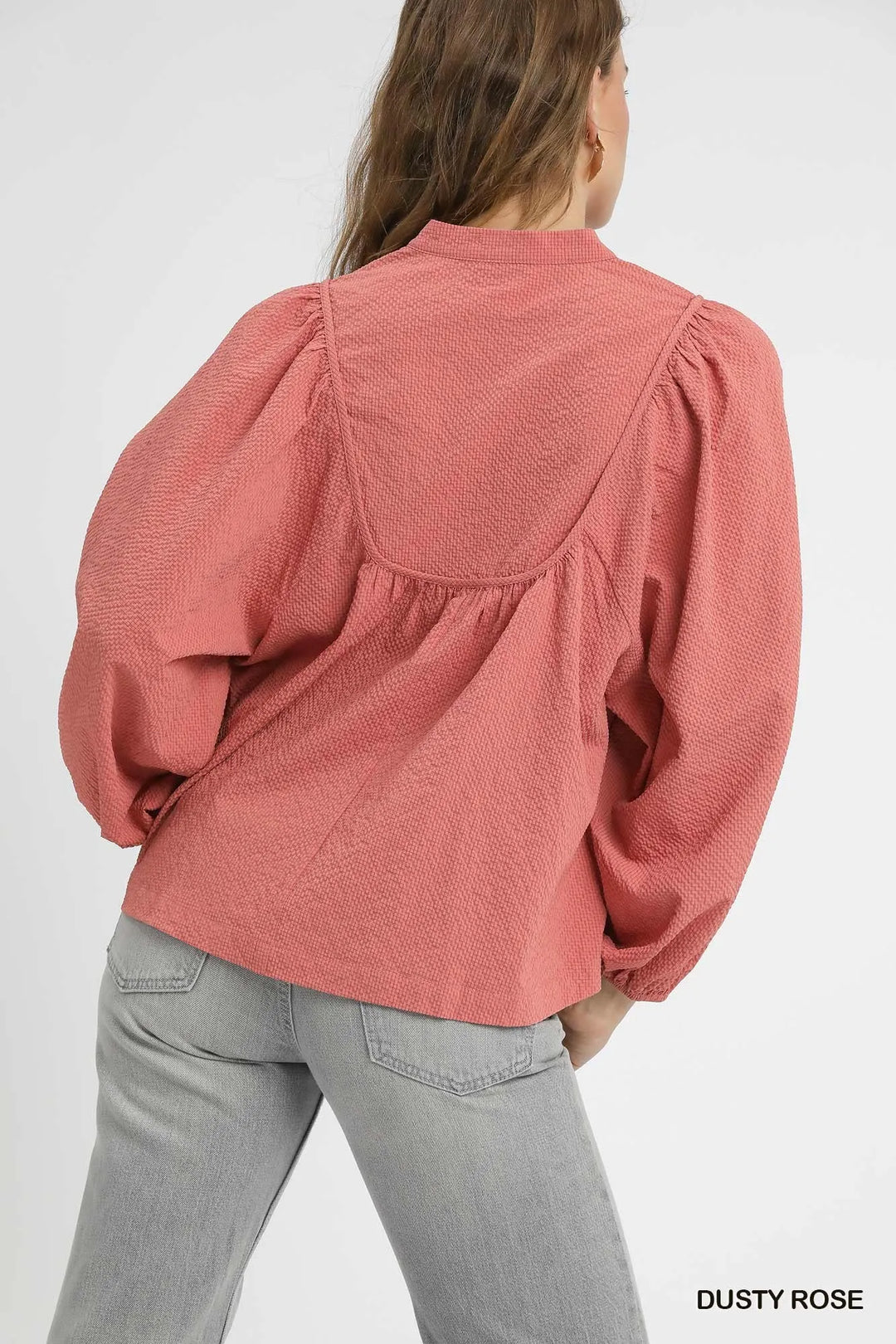 Dusty Rose Umgee Textured Notched Blouse With Balloon Sleeves