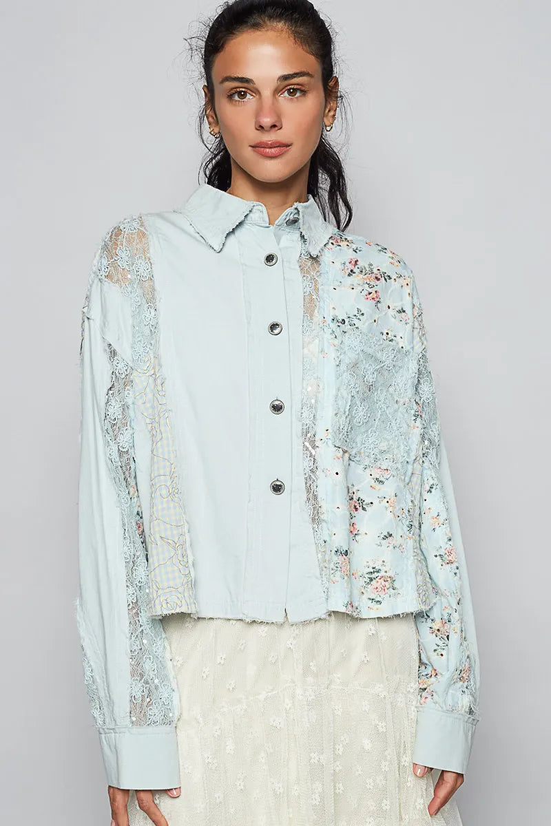 Pastel  Blue Pol Floral Long Sleeve Shirt With Lace Panel Details
