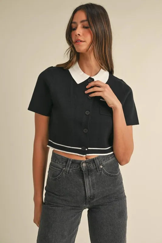 Black Mable Button Down Contrast Collared Knit Cardigan