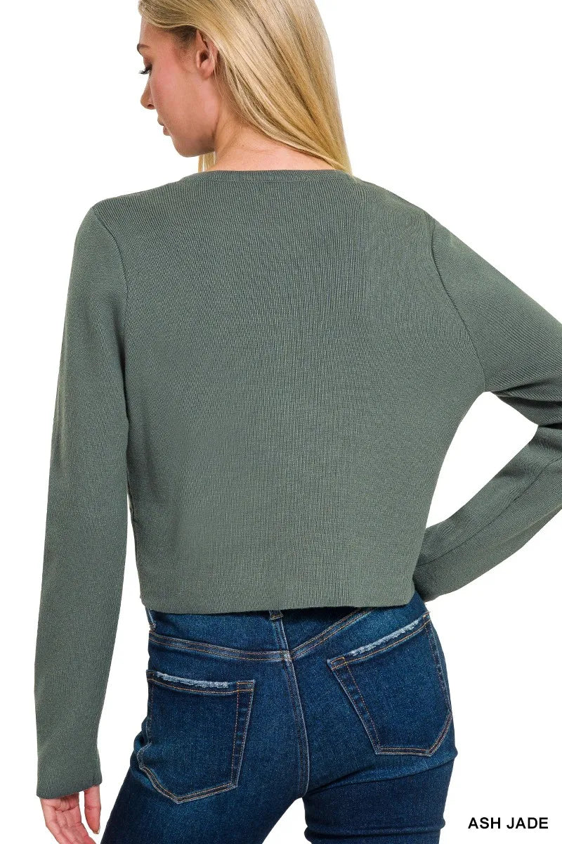 Ash Jade Zenana Button Front Crewneck Long Sleeve Cropped Cardigan