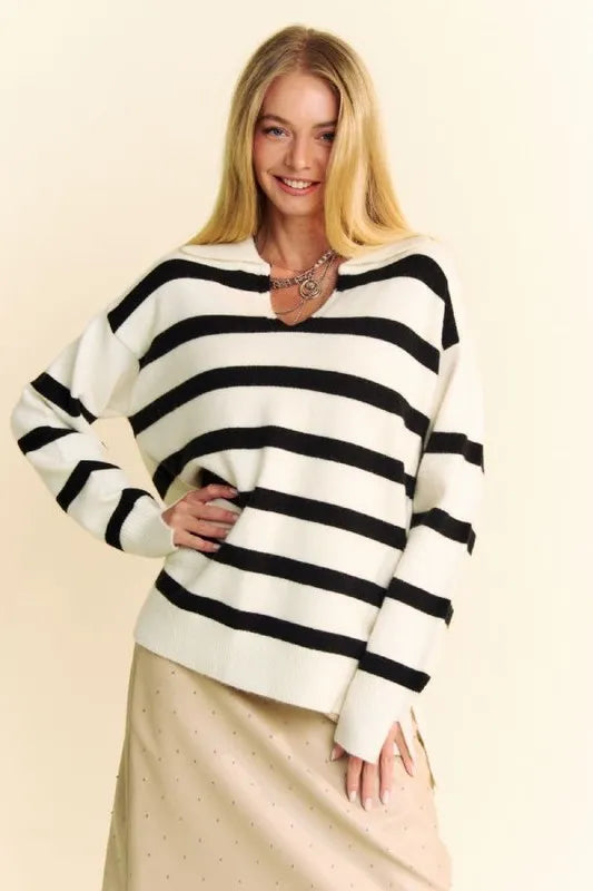 White Davi Dani High Low Side Slit Striped Johnny Collar Sweater