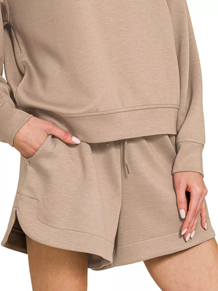 Cocoa Zenana Scuba Long Sleeve Sweatshirt And Shorts Set