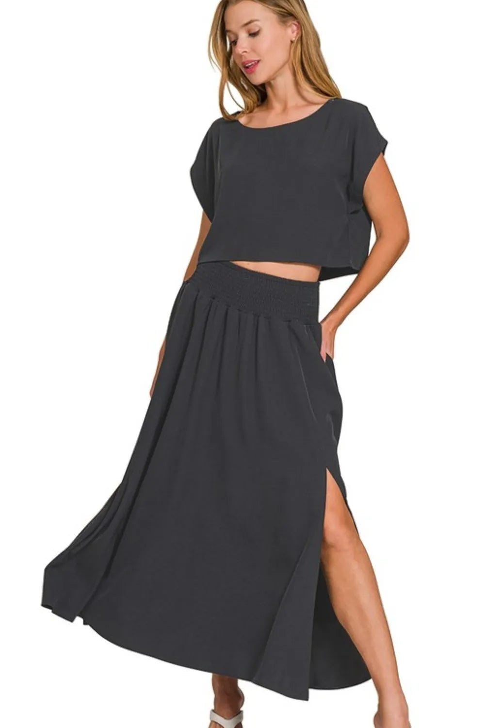 Black Zenana Heavy Woven Span Crop Tee Skirt Set 3