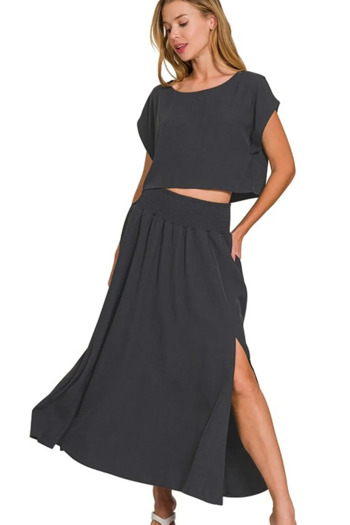 Black Zenana Heavy Woven Span Crop Tee Skirt Set 3
