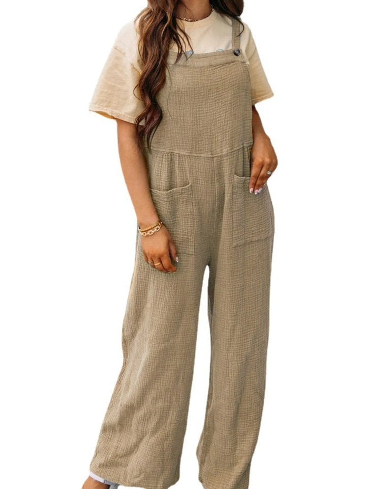 Khaki Full Size Casual Wide Leg Textured Overalls Plus Size