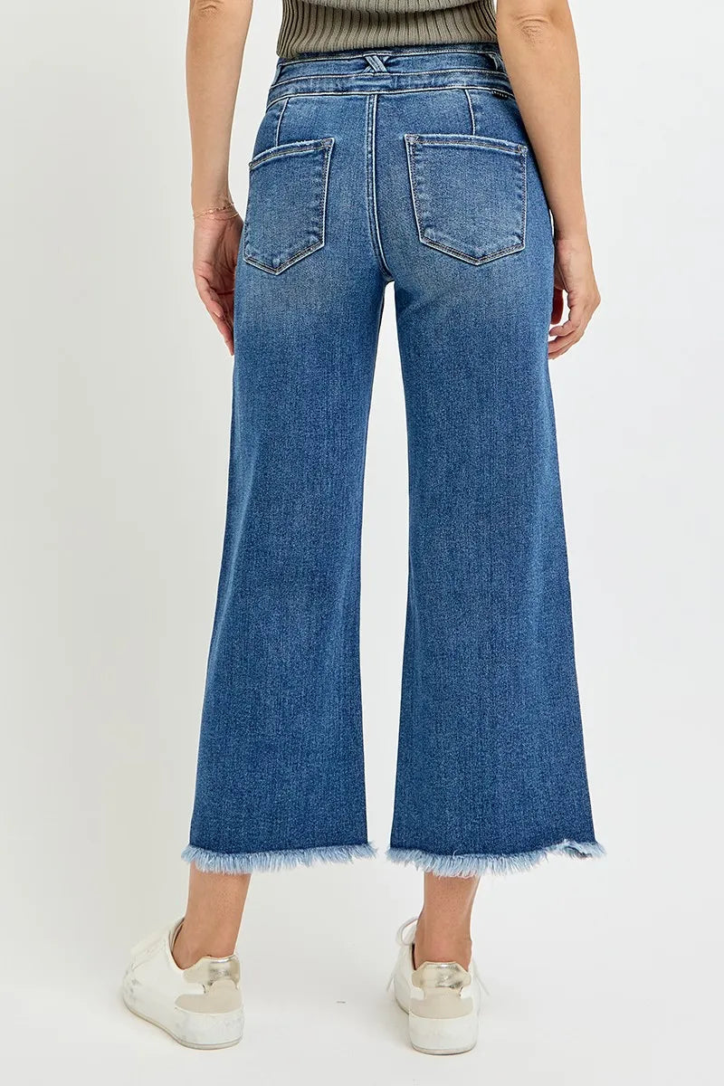 Dark Risen High Rise Crop Wide Leg Jeans With Wide Band Detail