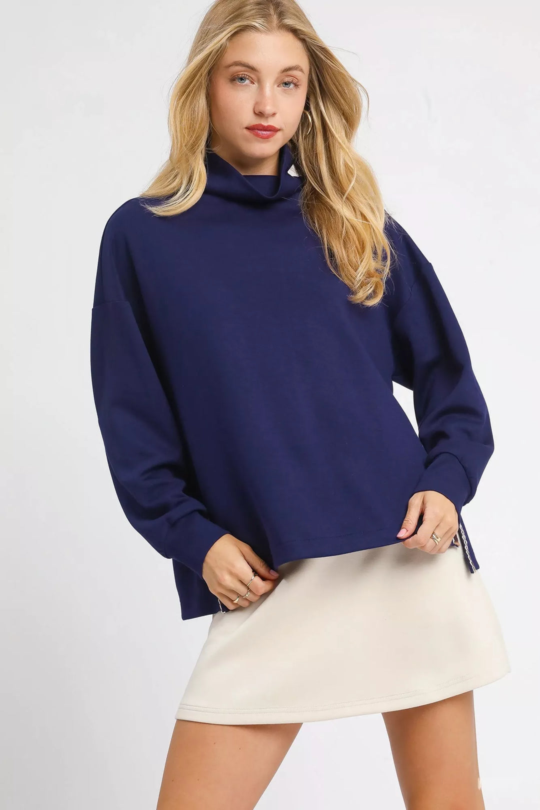 Navy Umgee Turtle Neck Dolman Sleeve Side Slit Sweater With Contrast Detail