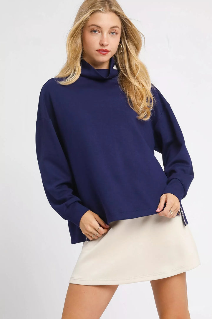 Navy Umgee Turtle Neck Dolman Sleeve Side Slit Sweater With Contrast Detail