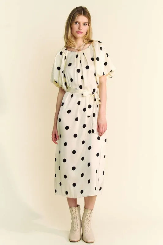 Davi Dani Polka Dot Puff Sleeves Waist Tie Midi Dress