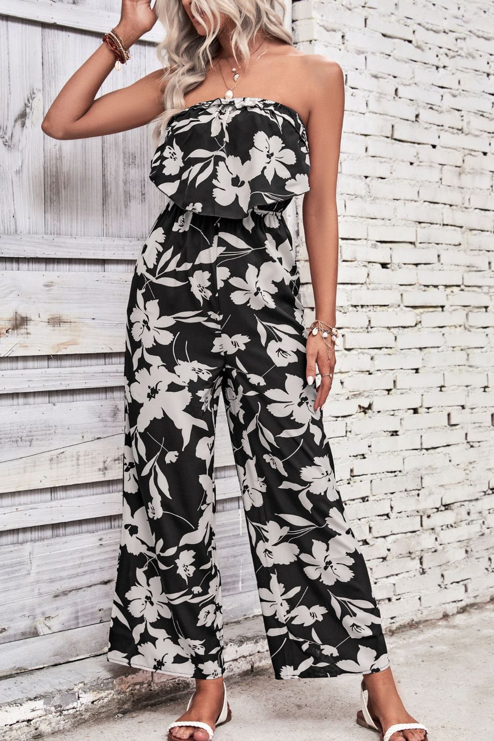 Black Perfee Floral Strapless Wide Leg Jumpsuit