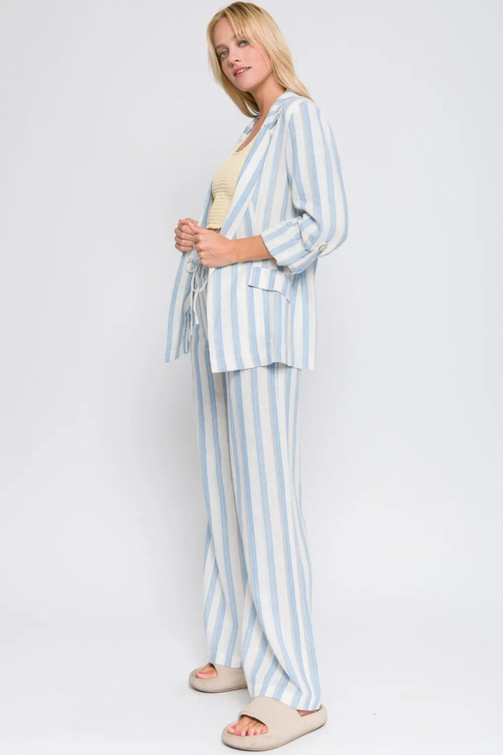 Blue Love Tree Linen Woven Striped Blazer