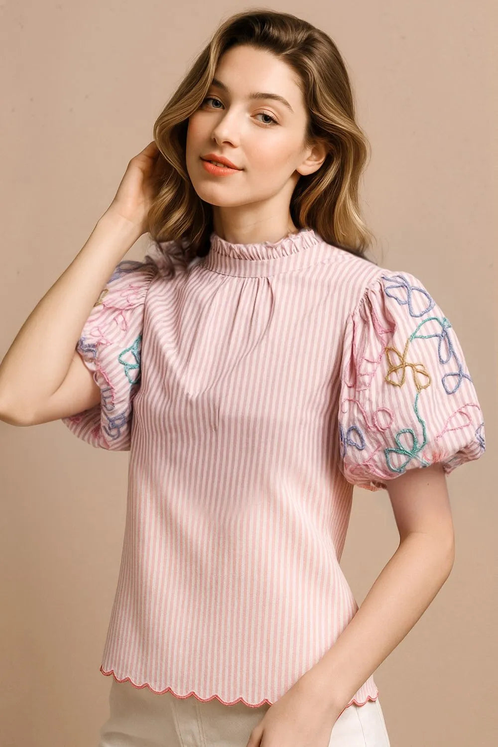 Rose Pink Bibi Embroidery Bubble Sleeve Top With Bottom Scallop Detail
