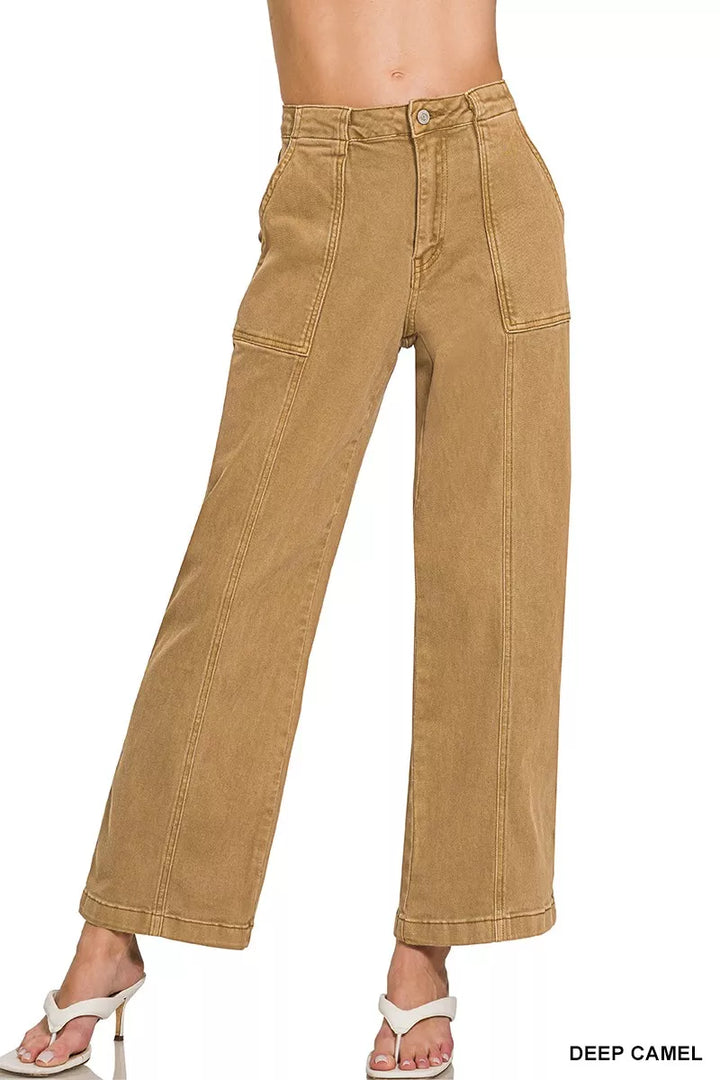 Deep Camel Zenana Straight Leg Utility Pocket Jeans 1