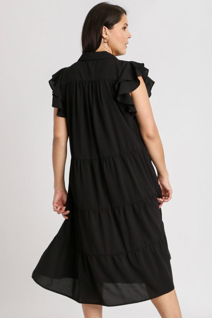 Black Umgee Full Size Johnny Collar Ruffle Cap Sleeve Tiered Dress Plus Size
