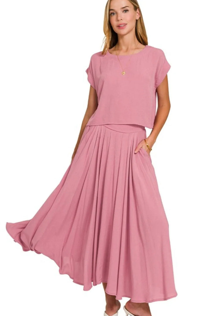 Lt Rose Zenana Woven Crinkle Gauze Crop Tee And Skirt Set 5
