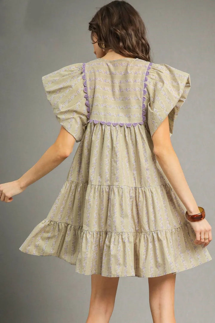 Sage Umgee Floral Ruffled Cap Sleeve Tiered Mini Dress