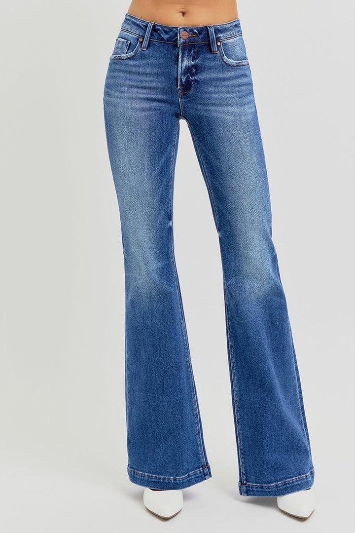 Dark Risen Full Size Low Rise Flare Jeans With Pockets