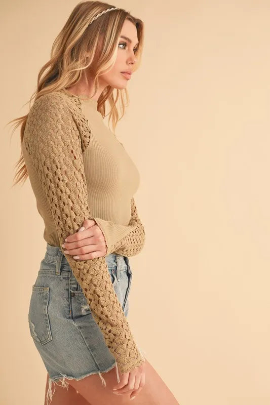 Aemi Co Mock Neck Ribbed Knit Top With Crochet Sleeve