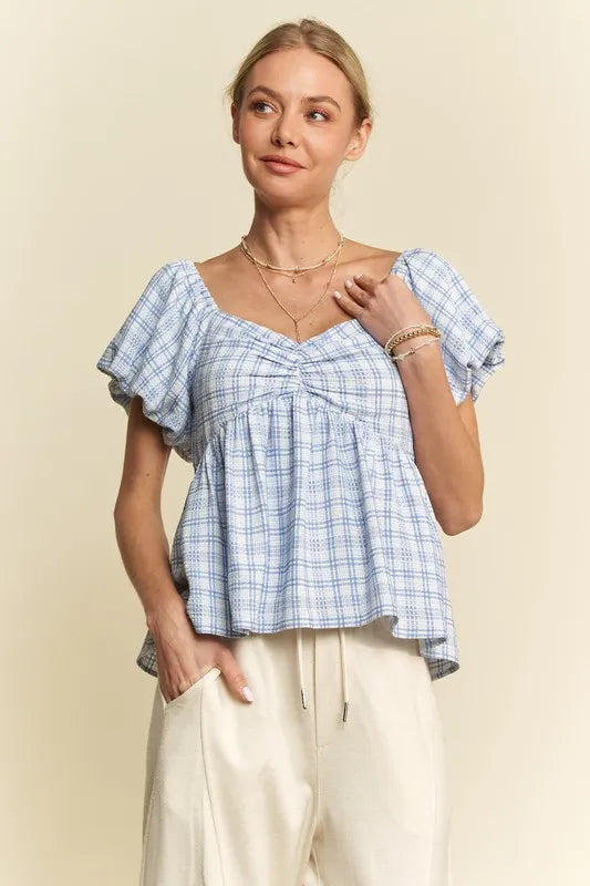 Davi Dani Plaid Puff Sleeves Ruffled Smocked Blouse