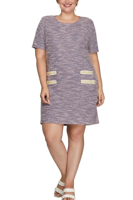 Lilac She Sky Full Size Short Sleeve Pearl Studded Trim Knit Tweed Dress Plus Size 2