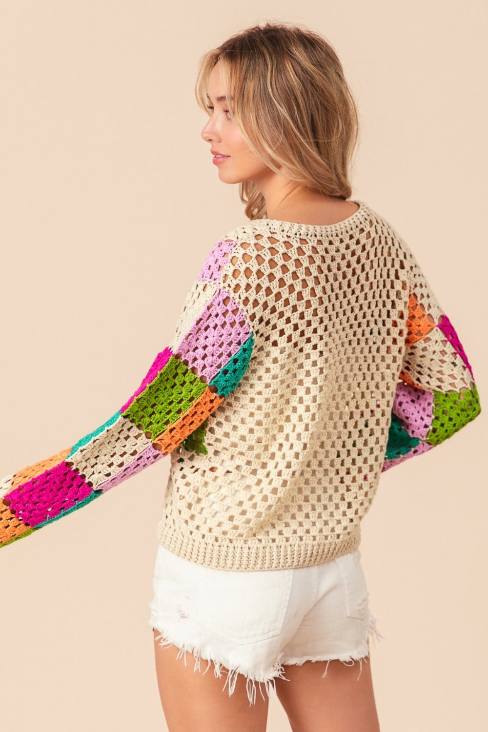 Oatmeal Multi Bibi Multi Color Checkered Long Sleeve Knit Top
