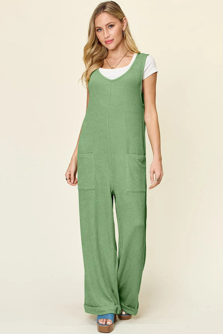 Light Green Double Take Full Size Texture Sleeveless Wide Leg Jumpsuit