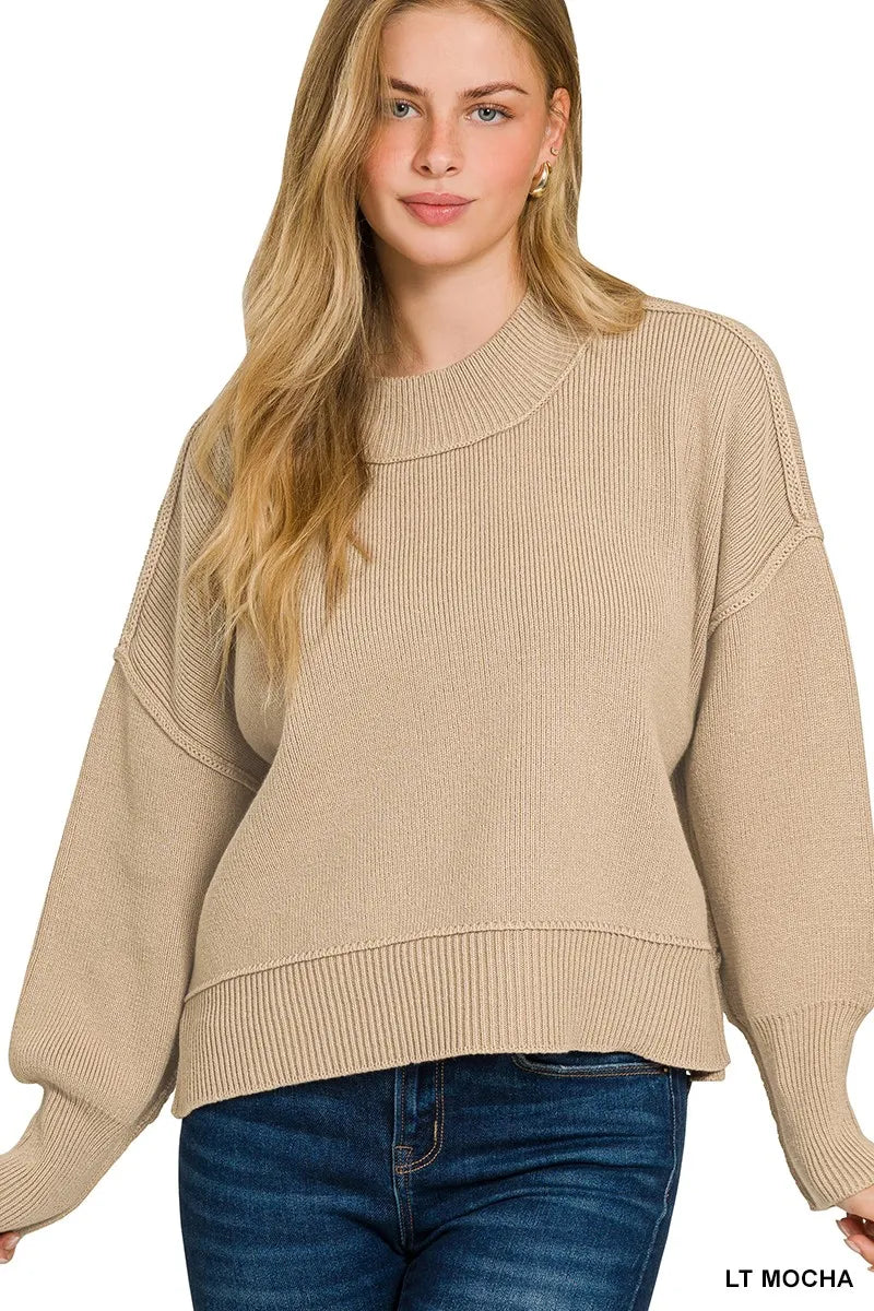 Lt Mocha Zenana Wide Neck Band Drop Shoulder Sweater