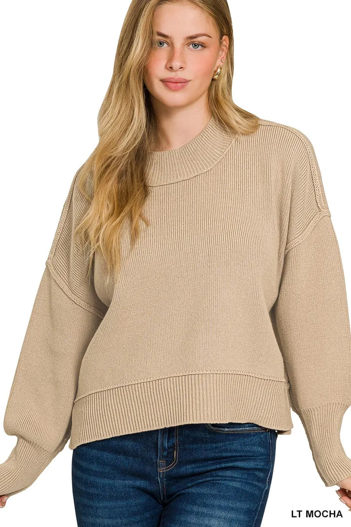 Lt Mocha Zenana Wide Neck Band Drop Shoulder Sweater