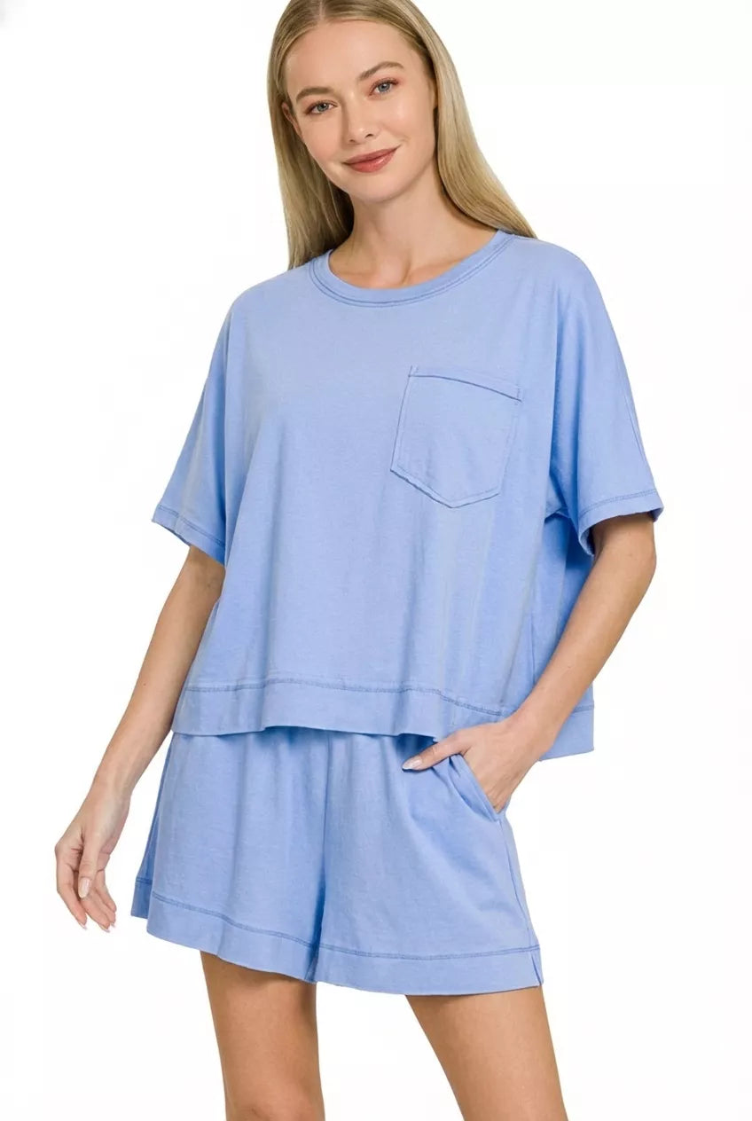 Cornflower Blue Zenana Exposed Seam Boxy Top Shorts Set 3