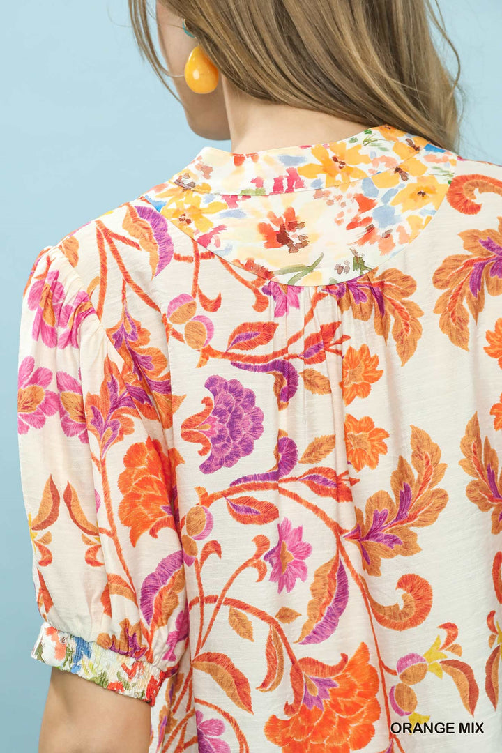 Umgee Mix Floral Split Neck Short Sleeve Top