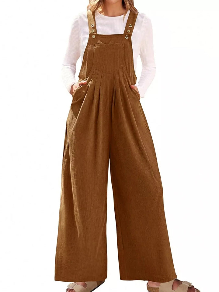 Dark Brown Front Ruched Wide Leg Jumpsuit With Pockets