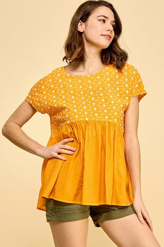 Lime N Chili Embroidered Short Sleeve Pleated Babydoll Top