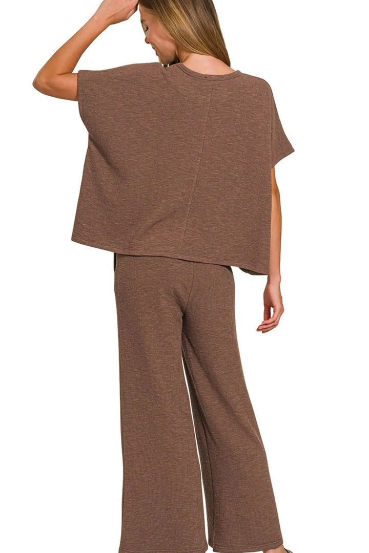 Brown Zenana Cotton Slub Top Pants Set 1