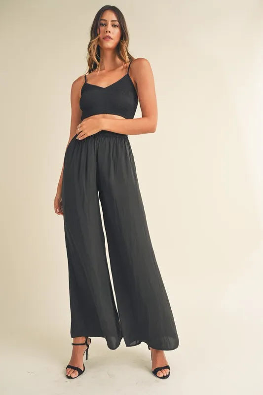 Black Mable Smocked Bralette Crop Top And Wide Leg Pants Set