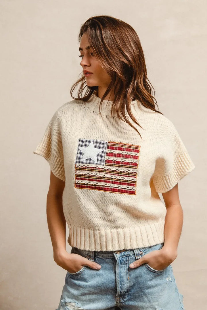 Oatmeal Bibi American Flag Patchwork Drop Shoulder Sweater