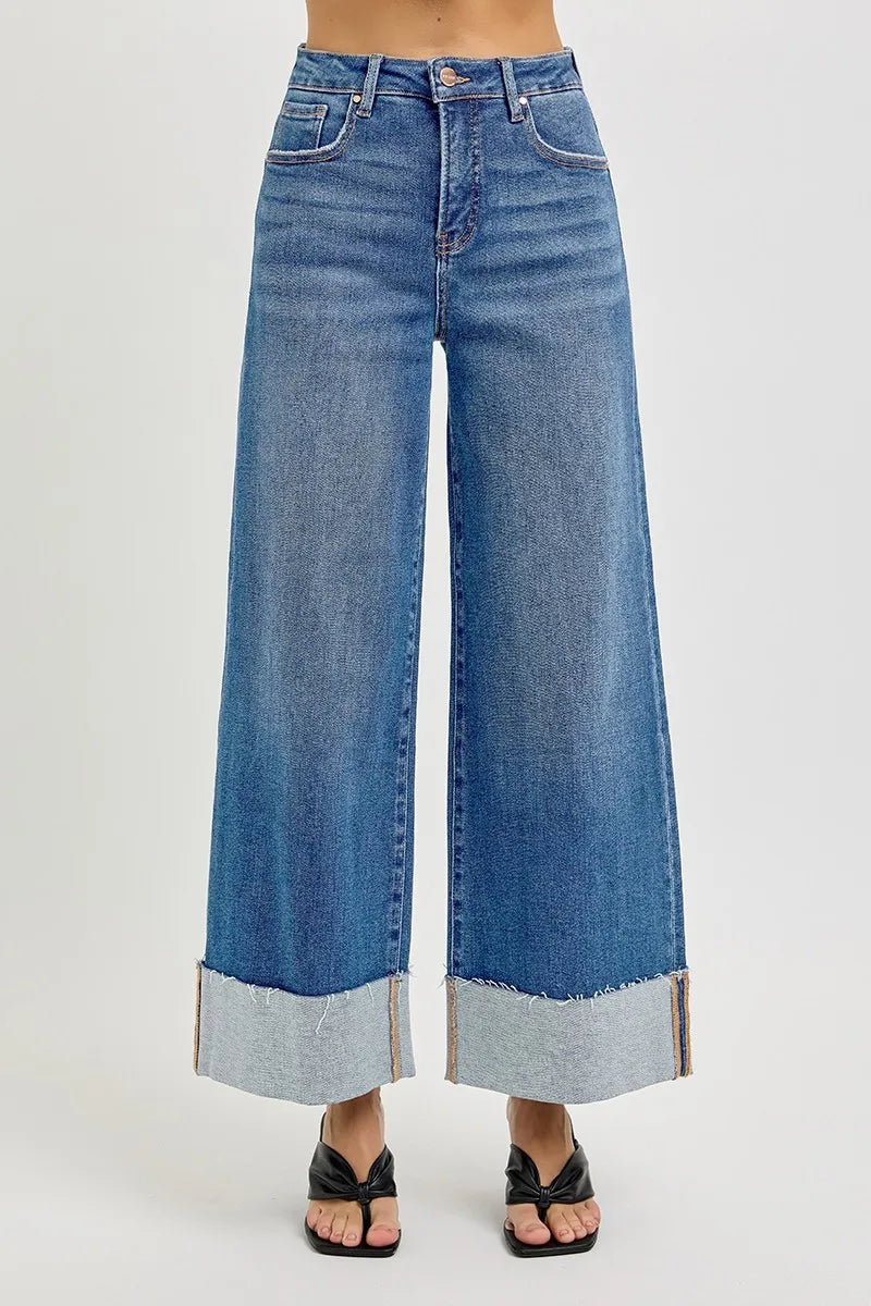 Medium Risen Full Size Tummy Control High Rise Crop Wide Cuffed Jeans Plus Size