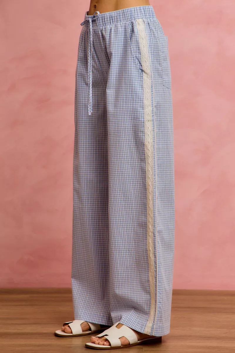 Blue So Me Wide Check Pants With Side Lace Trim And Piping