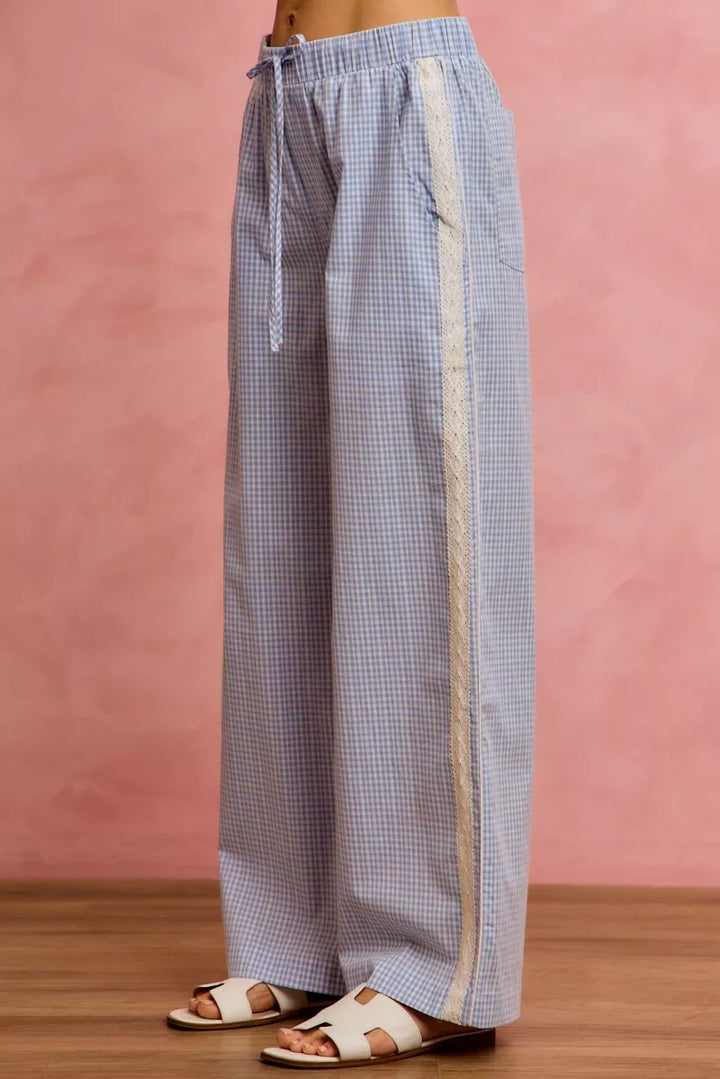 Blue So Me Wide Check Pants With Side Lace Trim And Piping