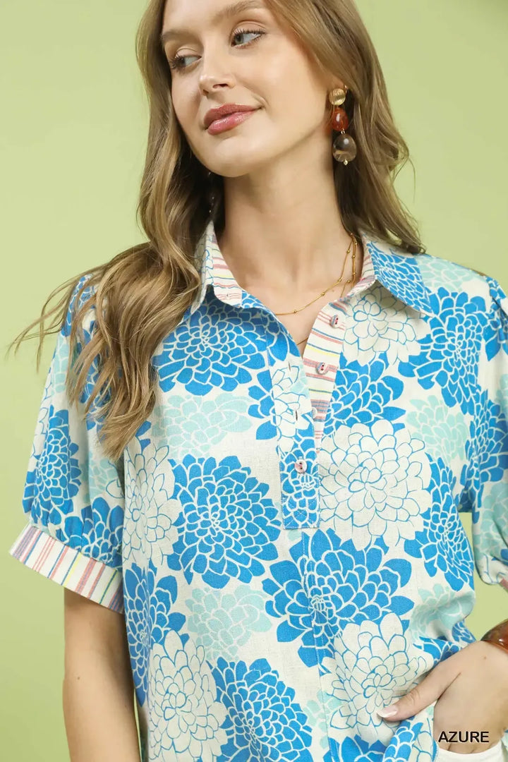 Umgee Floral Collared Short Sleeve Blouse 1