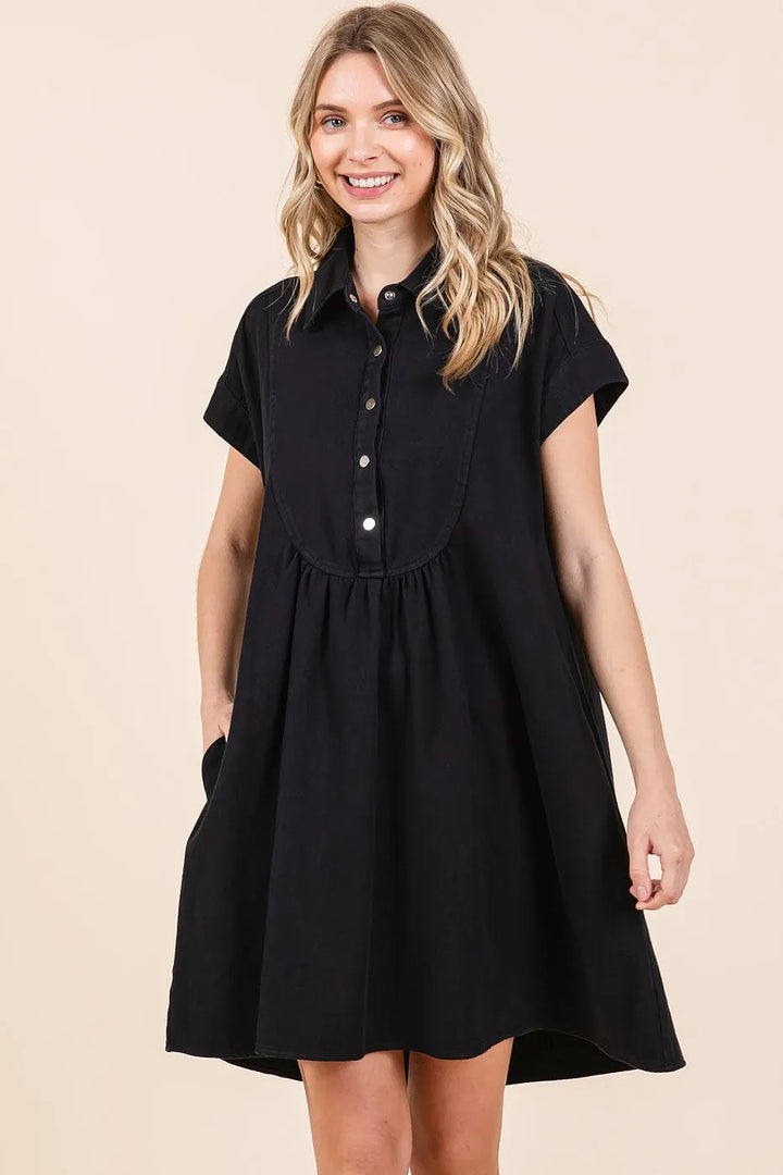 Black Mittoshop Twill Short Sleeve Collared Mini Dress
