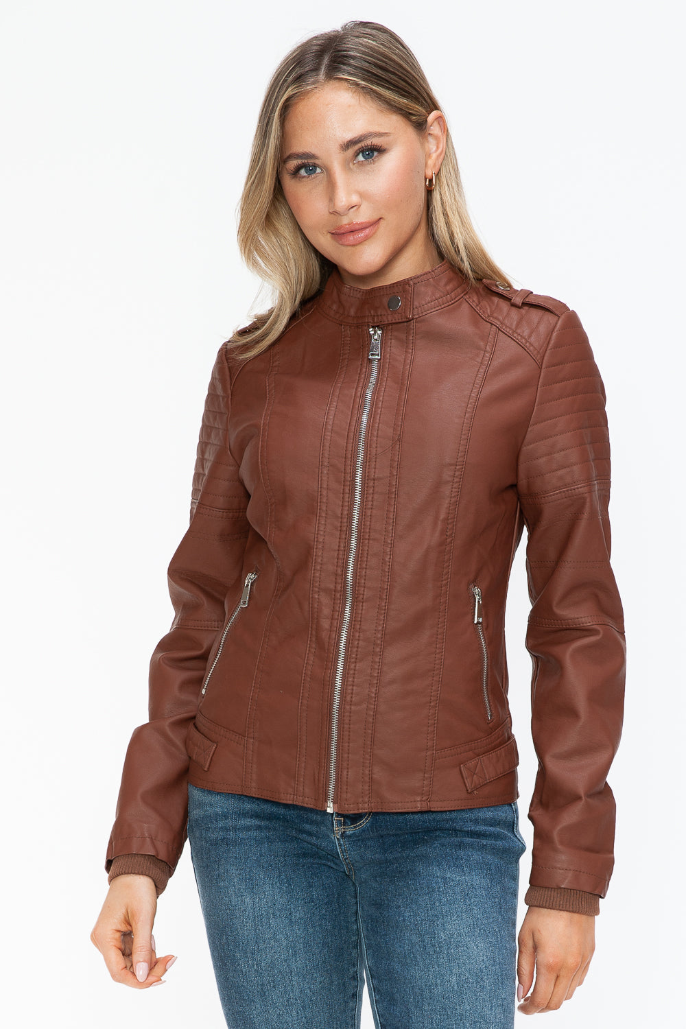 Snobbish Pu Leather Biker Jacket With Side Zip Pockets 4