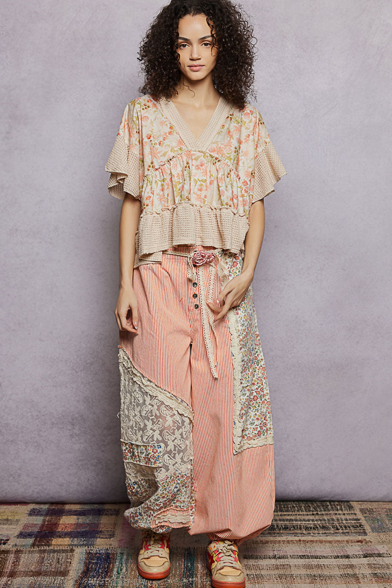Pol Floral Print V Neck Woven Blouse With Gentle Gathers