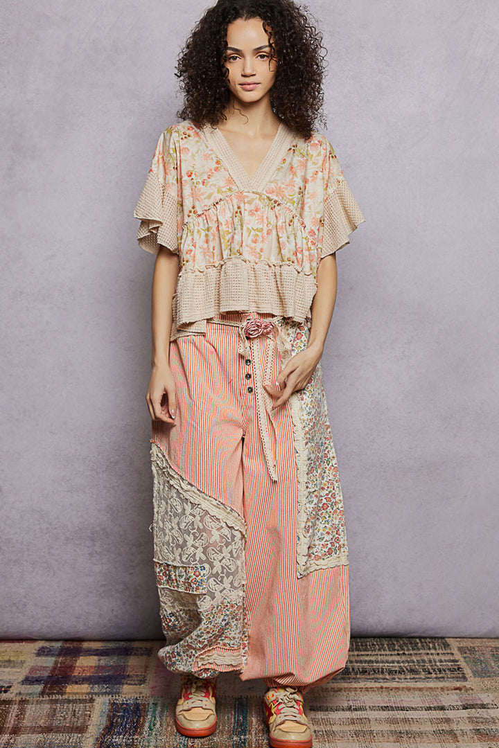 Pol Floral Print V Neck Woven Blouse With Gentle Gathers