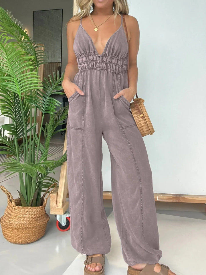 Gray Pink Full Size Wide Leg Spaghetti Strap Jumpsuit Plus Size