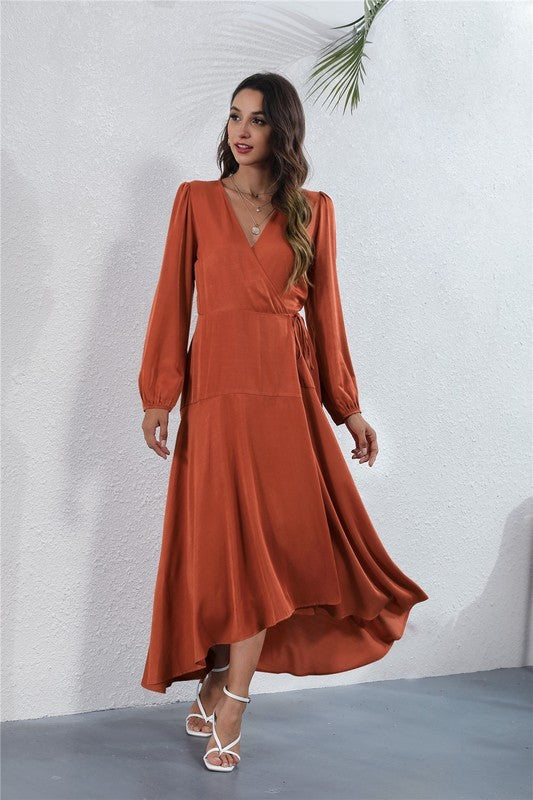 Rust Womens V Neck Long Sleeve Maxi Dress