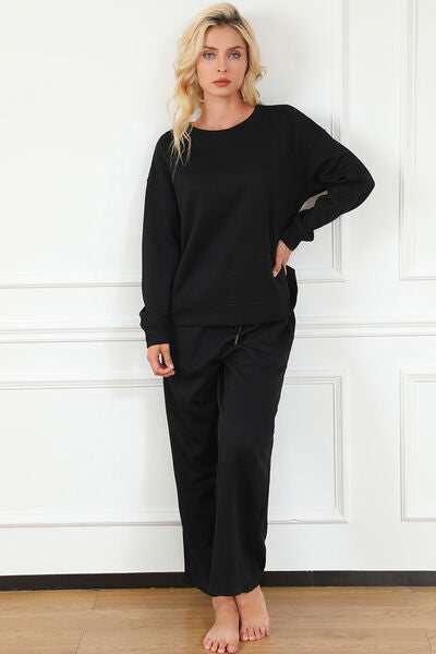 Khaki Double Take Full Size Textured Long Sleeve Top And Drawstring Pants Set